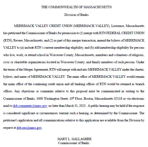 Massachusetts Division of Banks Merger Notice